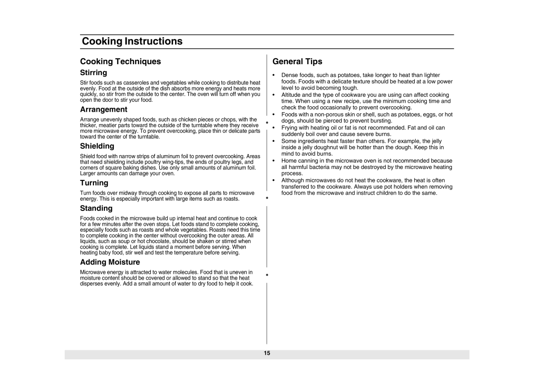 Samsung MG1040WC-5/ZAM, ME1040WC-5/ZAM, ME1040WC/ZAM, ME1040WC5B/ZAM, MG1040WC5B/ZAM manual Cooking Techniques, General Tips 