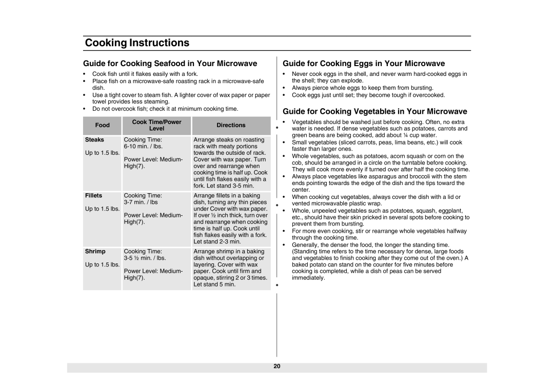 Samsung MG1040WC-5/ZAM, ME1040WC/ZAM Guide for Cooking Seafood in Your Microwave, Guide for Cooking Eggs in Your Microwave 