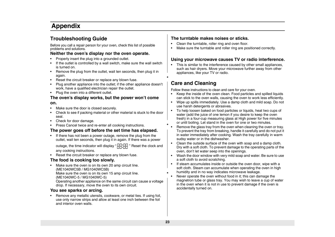 Samsung ME1040WC5B/ZAM, MG1040WC-5/ZAM, ME1040WC-5/ZAM, ME1040WC/ZAM manual Appendix, Troubleshooting Guide, Care and Cleaning 