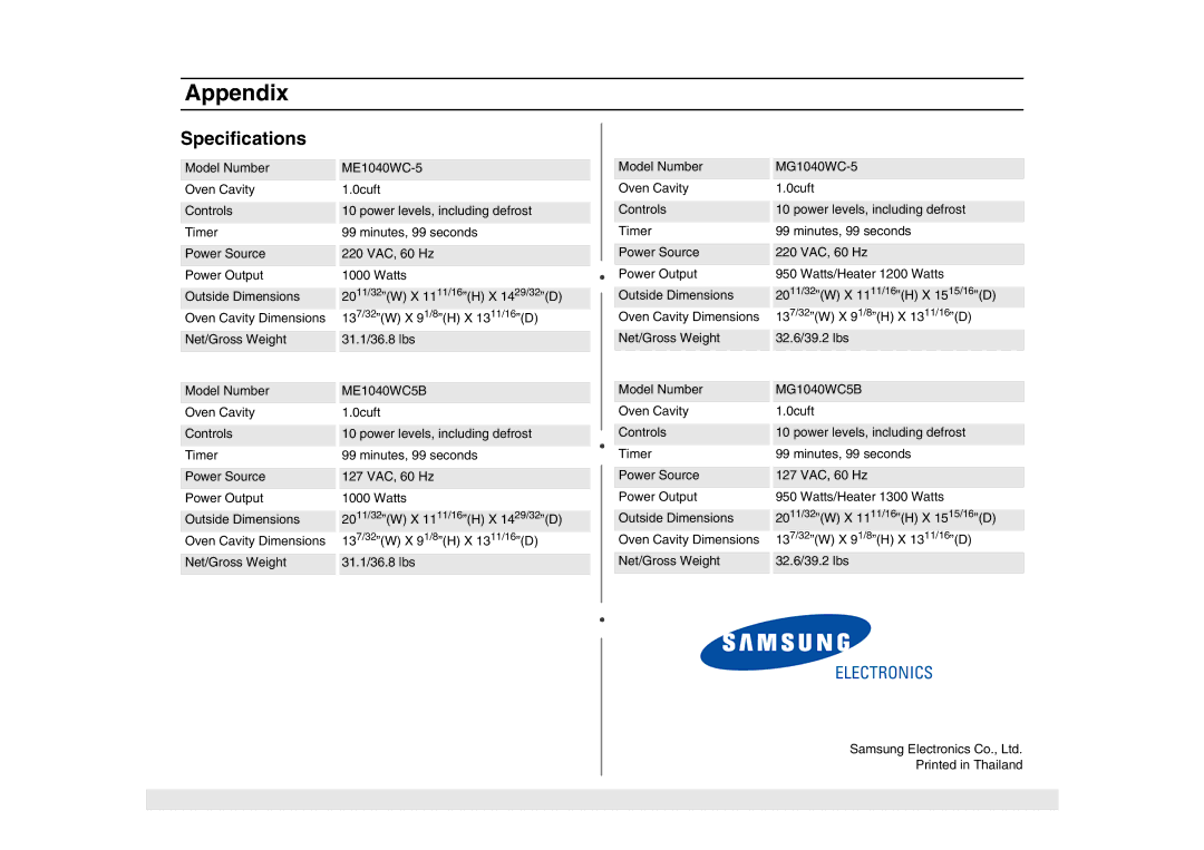 Samsung MG1040WC5B/ZAM, MG1040WC-5/ZAM, ME1040WC-5/ZAM, ME1040WC/ZAM, ME1040WC5B/ZAM manual Specifications 