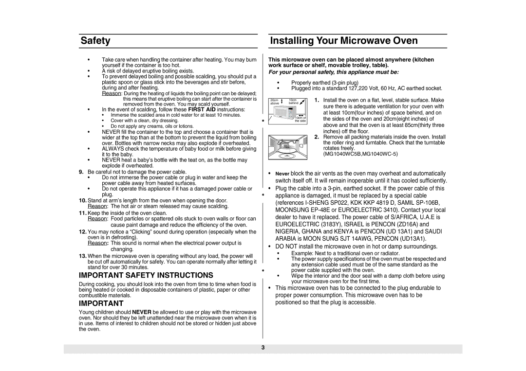 Samsung ME1040WC5B/ZAM manual Installing Your Microwave Oven, Event of scalding, follow these First AID instructions 