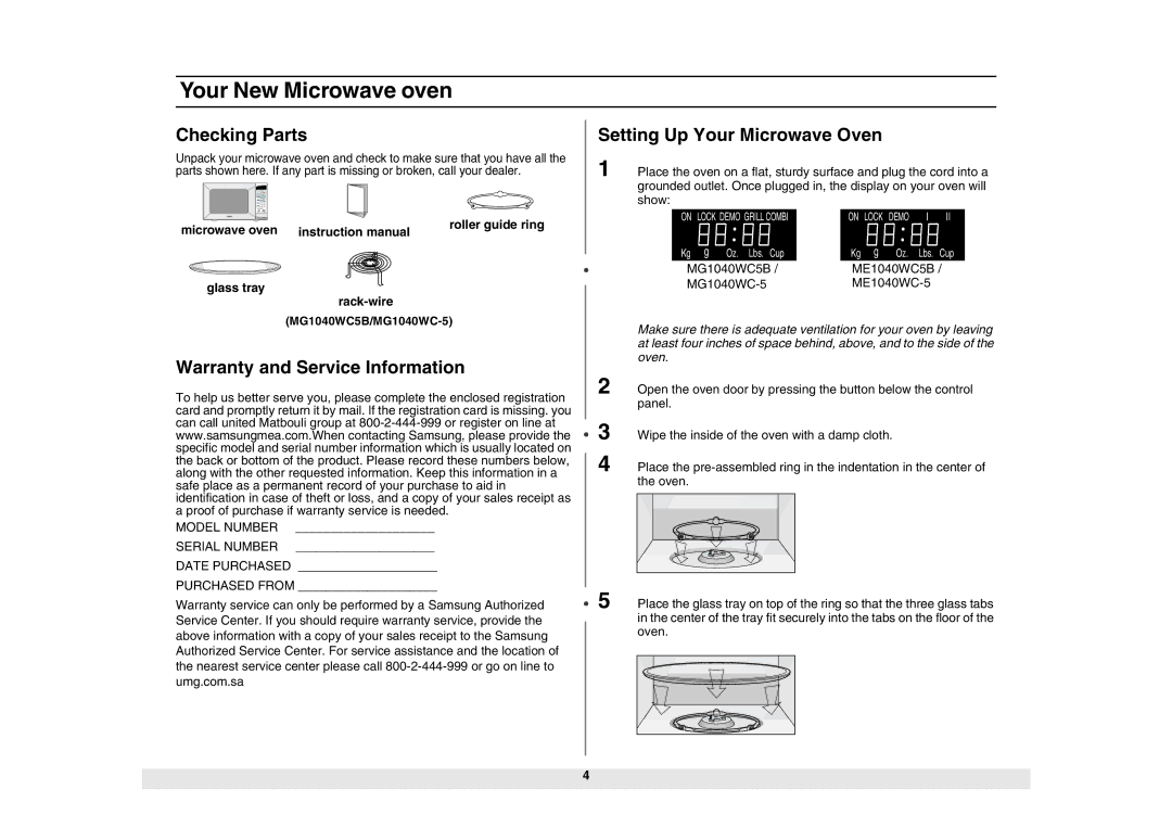 Samsung MG1040WC5B/ZAM, MG1040WC-5/ZAM manual Your New Microwave oven, Checking Parts, Setting Up Your Microwave Oven 