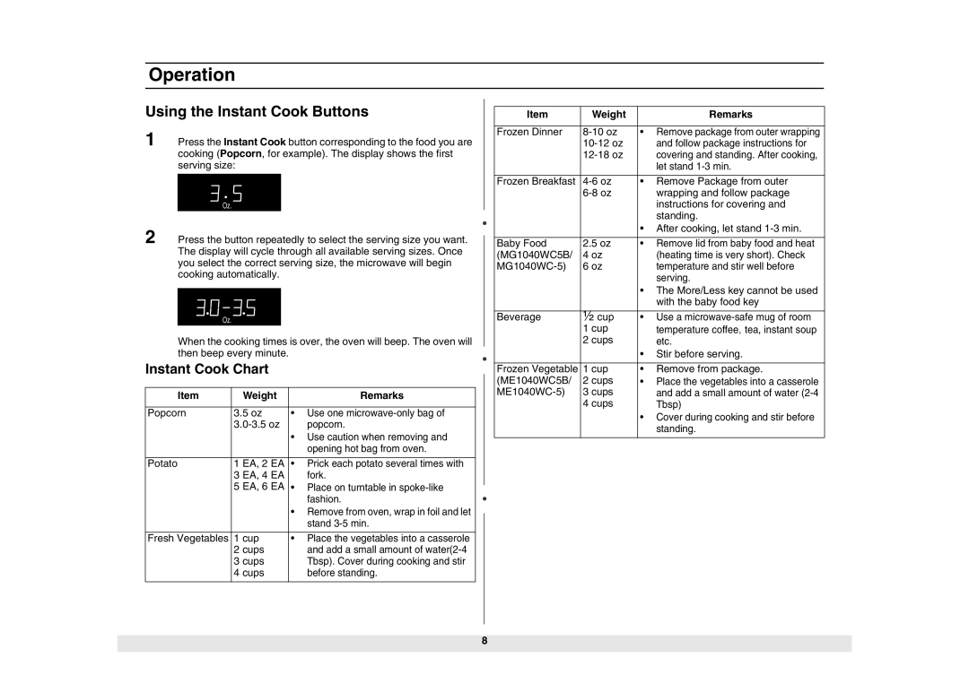 Samsung ME1040WC5B/ZAM, MG1040WC-5/ZAM, ME1040WC-5/ZAM Using the Instant Cook Buttons, Instant Cook Chart, Weight Remarks 