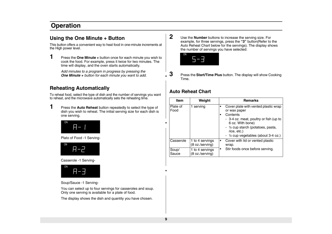 Samsung MG1040WC5B/ZAM, MG1040WC-5/ZAM manual Using the One Minute + Button, Reheating Automatically, Auto Reheat Chart 