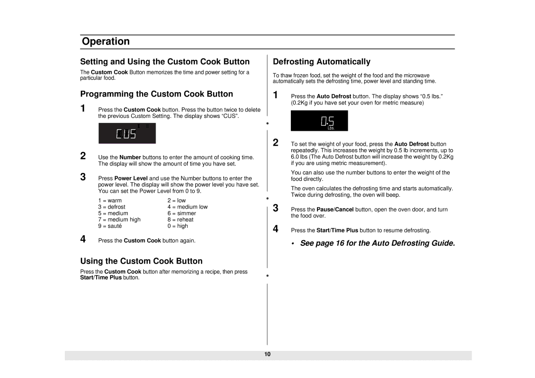 Samsung MG1040WE/ZAM, ME1040WE/ZAM manual Setting and Using the Custom Cook Button, Programming the Custom Cook Button 