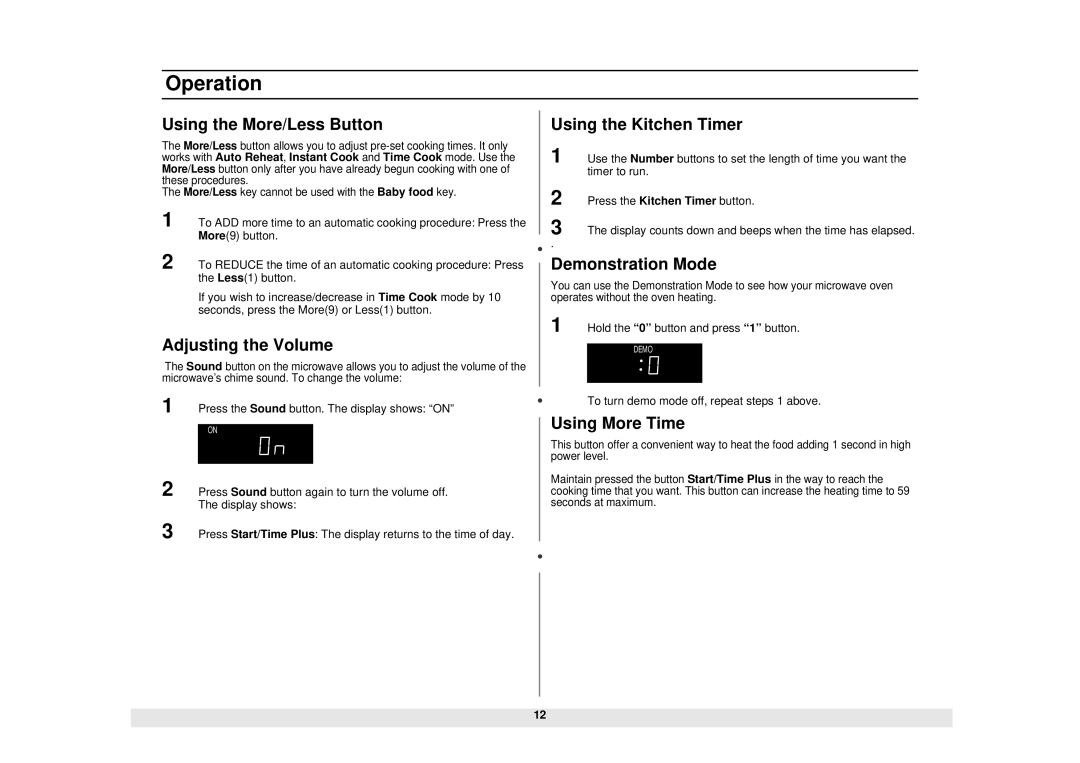 Samsung MG1040WE/ZAM manual Using the More/Less Button, Adjusting the Volume, Using the Kitchen Timer, Demonstration Mode 