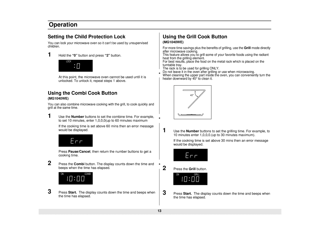 Samsung ME1040WE/ZAM Setting the Child Protection Lock, Using the Combi Cook Button, Using the Grill Cook Button, MG1040WE 