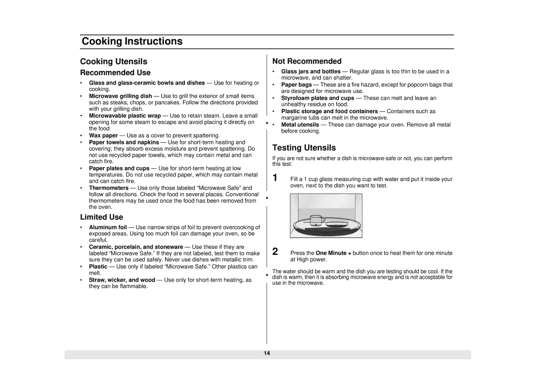 Samsung MG1040WE/ZAM, ME1040WE/ZAM manual Cooking Instructions, Cooking Utensils, Testing Utensils 