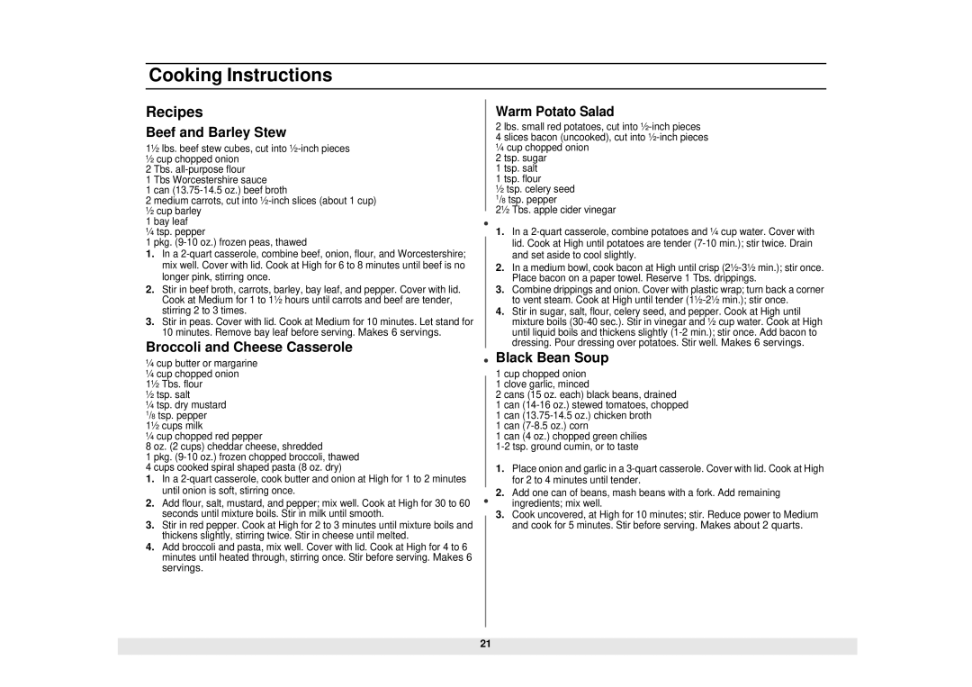 Samsung ME1040WE/ZAM, MG1040WE/ZAM manual Recipes, Beef and Barley Stew, Broccoli and Cheese Casserole, Black Bean Soup 