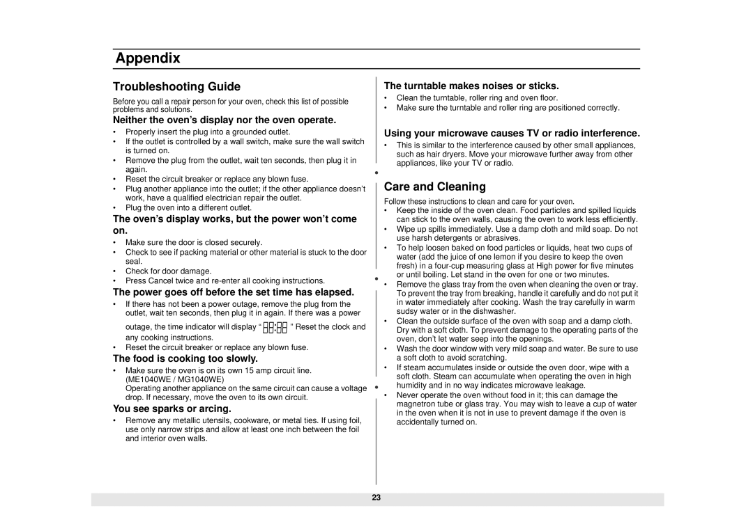 Samsung ME1040WE/ZAM, MG1040WE/ZAM manual Appendix, Troubleshooting Guide, Care and Cleaning 