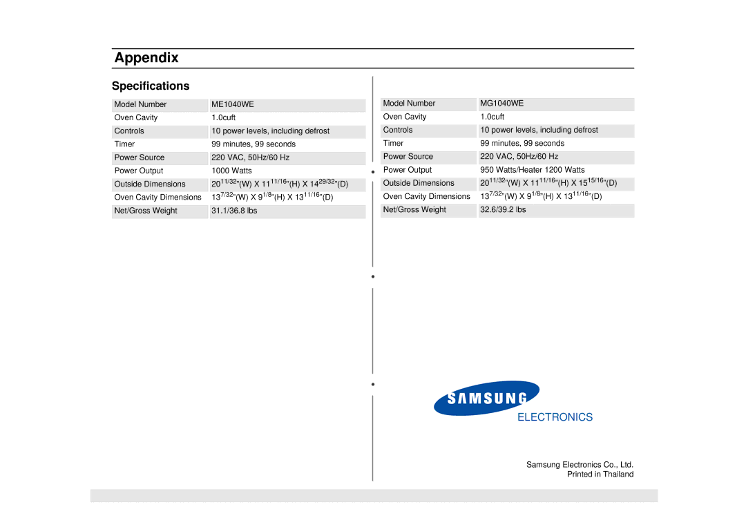 Samsung MG1040WE/ZAM, ME1040WE/ZAM manual Specifications 