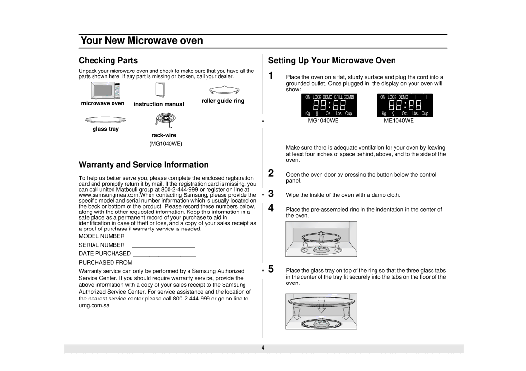 Samsung MG1040WE/ZAM, ME1040WE/ZAM manual Your New Microwave oven, Checking Parts, Warranty and Service Information 