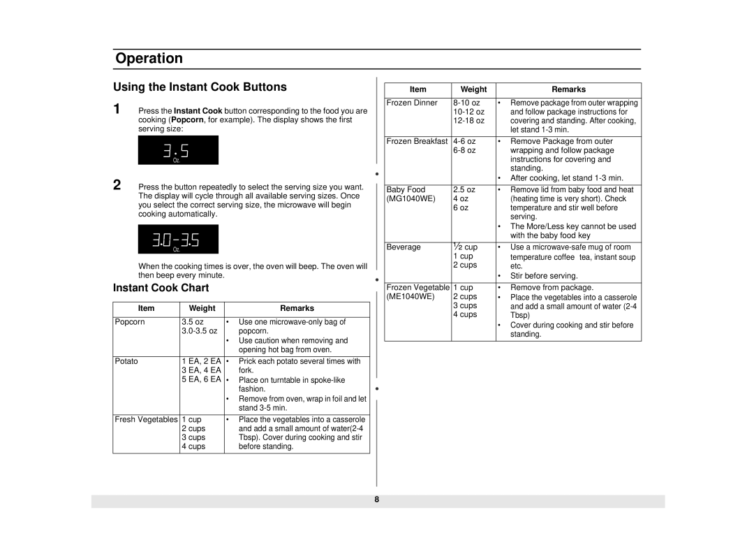 Samsung MG1040WE/ZAM, ME1040WE/ZAM manual Using the Instant Cook Buttons, Instant Cook Chart, Weight Remarks 