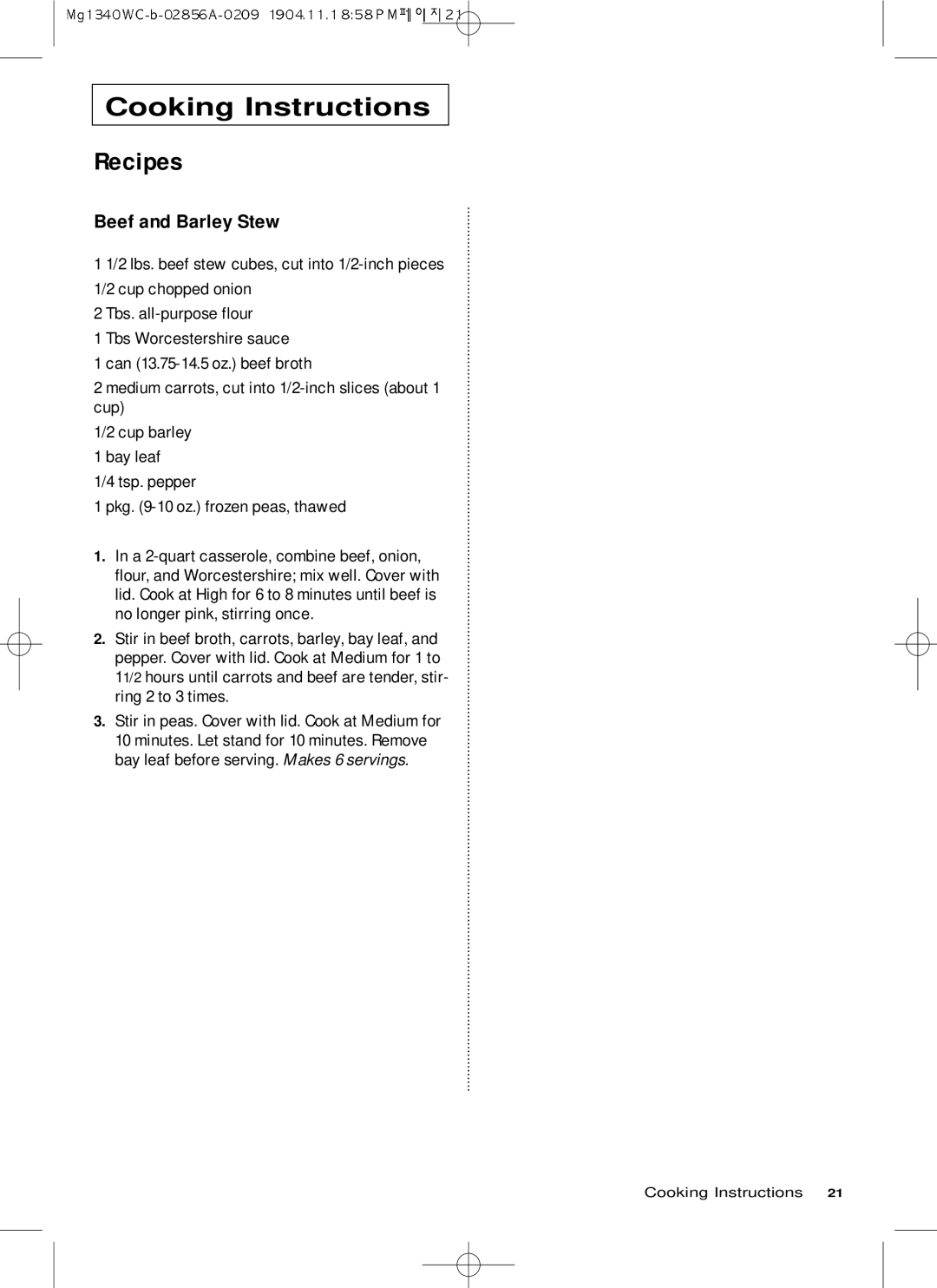 Samsung MG1340WC/ZAM, MG1340WC-B/ZAM manual Beef and Barley Stew, Tsp. pepper Pkg -10 oz. frozen peas, thawed 