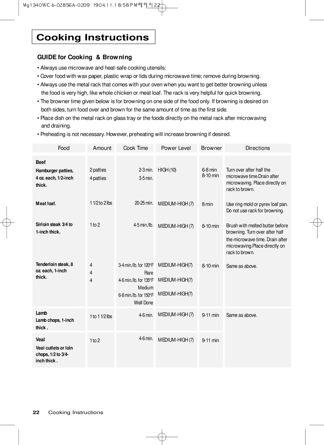 Samsung MG1340WC-B/ZAM, MG1340WC/ZAM manual Guide for Cooking & Browning, Beef, Lamb, Veal 