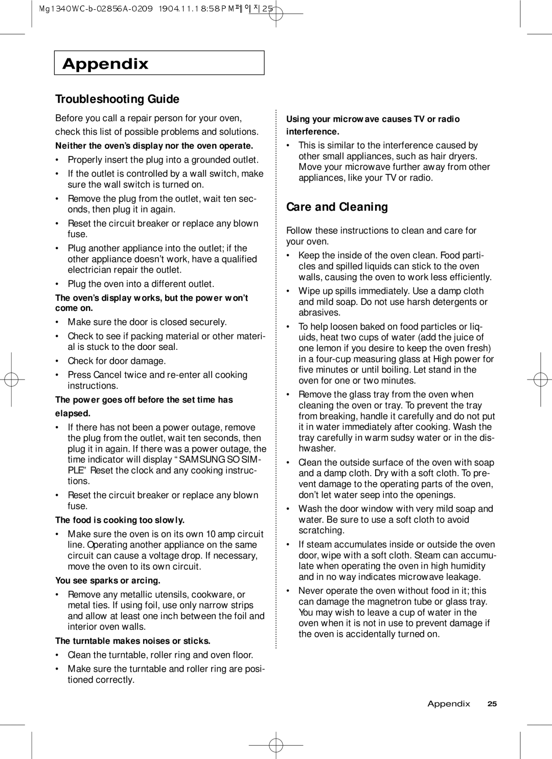 Samsung MG1340WC/ZAM, MG1340WC-B/ZAM manual Appendix, Troubleshooting Guide, Care and Cleaning 