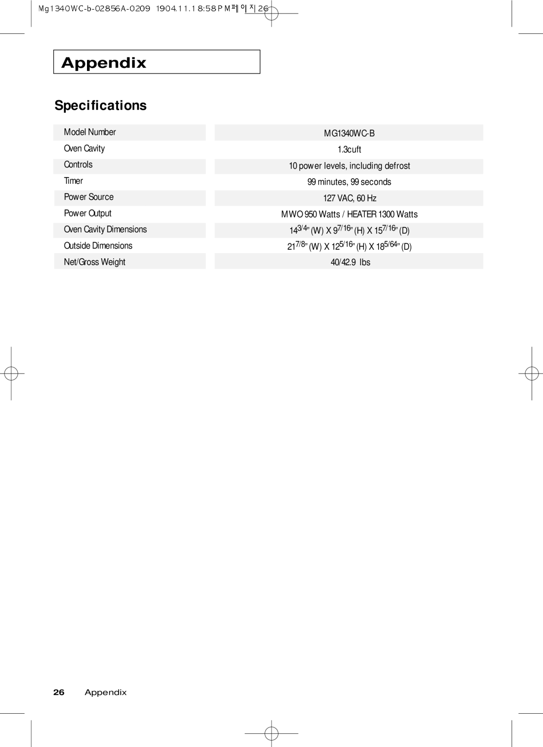 Samsung MG1340WC-B/ZAM, MG1340WC/ZAM manual Specifications 