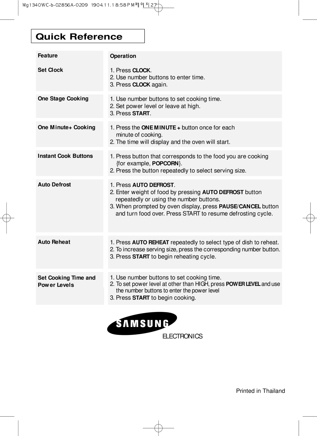 Samsung MG1340WC/ZAM, MG1340WC-B/ZAM manual Quick Reference 