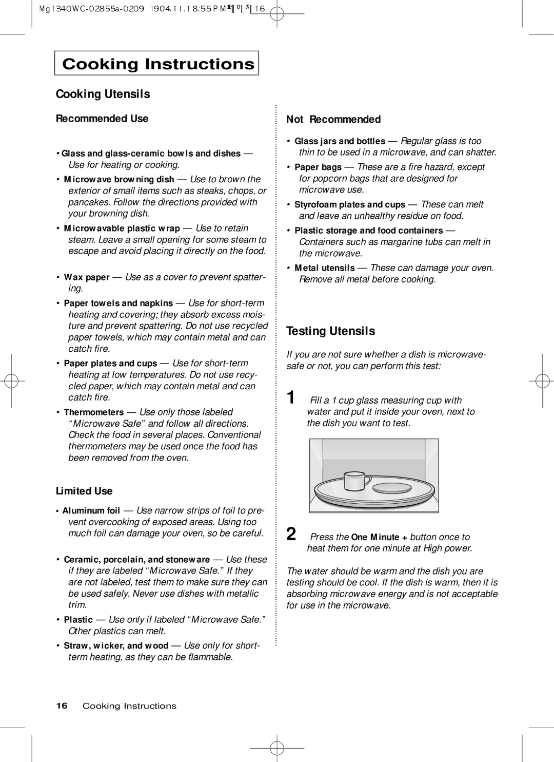 Samsung MG1340WC-B/ZAM, MG1340WC/ZAM manual Cooking Instructions, Cooking Utensils, Testing Utensils 