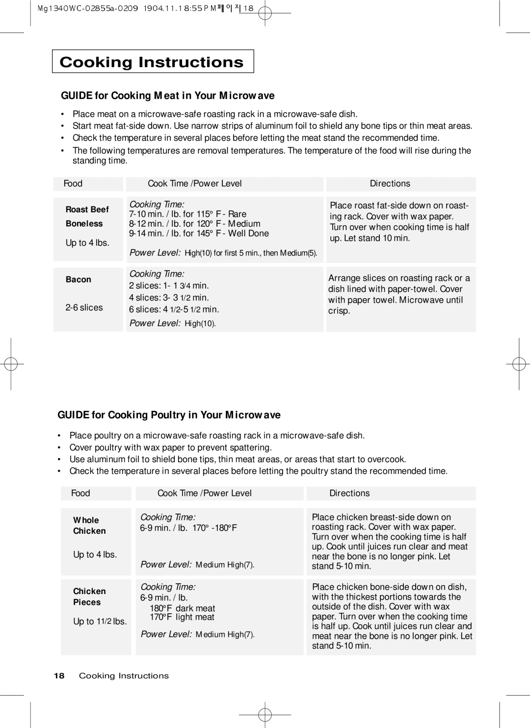 Samsung MG1340WC-B/ZAM manual Guide for Cooking Meat in Your Microwave, Guide for Cooking Poultry in Your Microwave, Bacon 