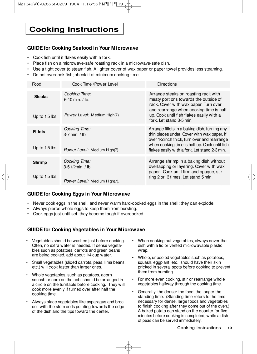 Samsung MG1340WC/ZAM, MG1340WC-B/ZAM Guide for Cooking Seafood in Your Microwave, Guide for Cooking Eggs in Your Microwave 
