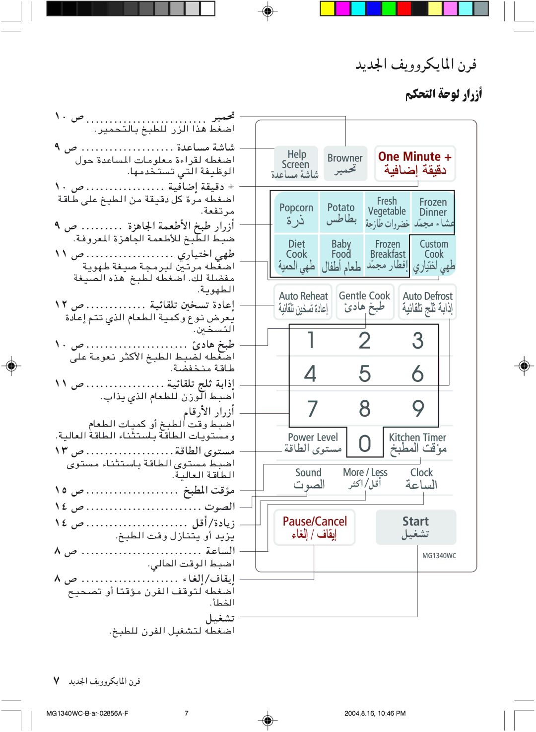 Samsung MG1340WC/ZAM, MG1340WC-B/ZAM manual ﻢﻜﺤﺘﻟا ﺔﺣﻮﻟ رارزأ 