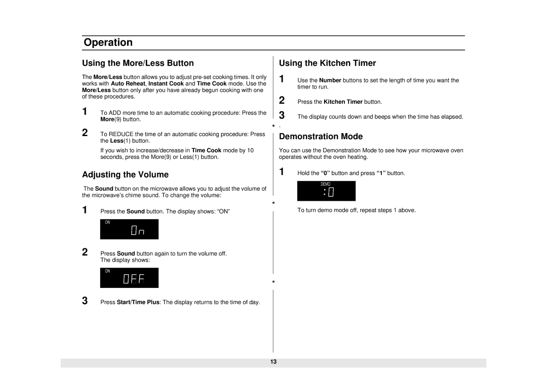 Samsung MG1480STB Using the More/Less Button, Adjusting the Volume, Using the Kitchen Timer, Demonstration Mode 