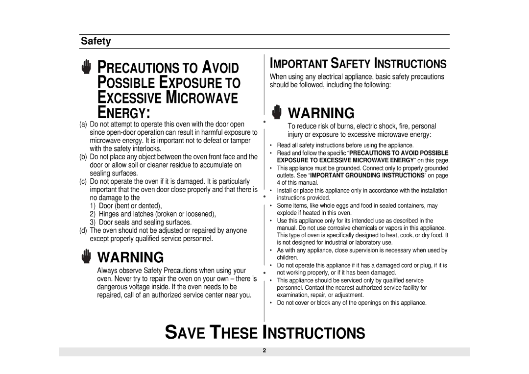 Samsung MG1480STB owner manual Important Safety Instructions 