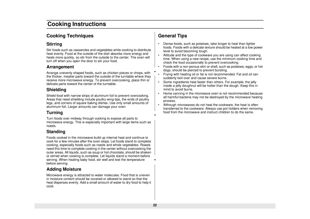 Samsung MG1480STB owner manual Cooking Techniques, General Tips 