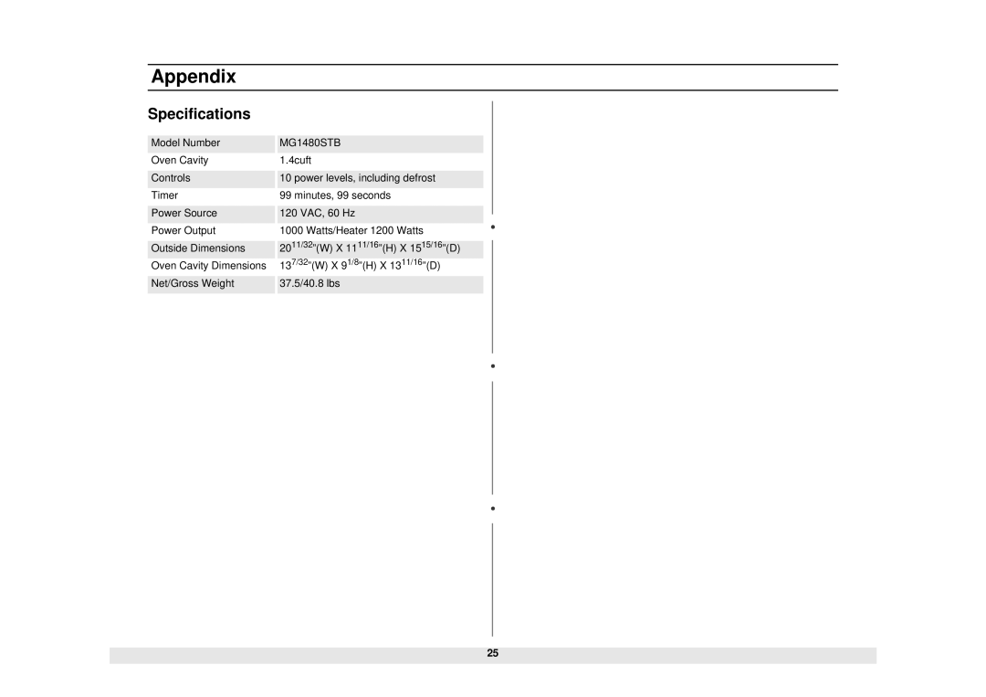 Samsung MG1480STB owner manual Specifications 