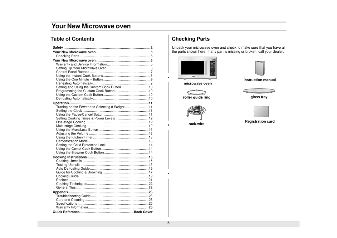 Samsung MG1480STB owner manual Your New Microwave oven, Table of Contents, Checking Parts 