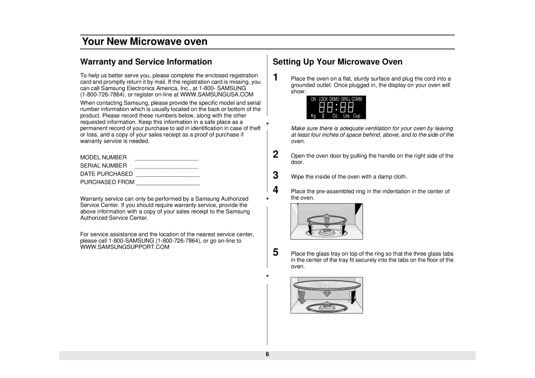 Samsung MG1480STB owner manual Warranty and Service Information, Setting Up Your Microwave Oven 