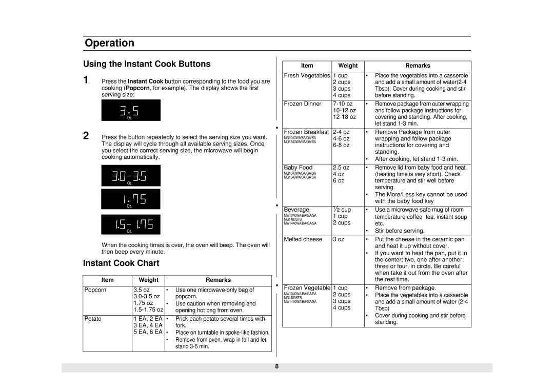 Samsung MG1480STB owner manual Operation, Using the Instant Cook Buttons, Instant Cook Chart, Weight Remarks 