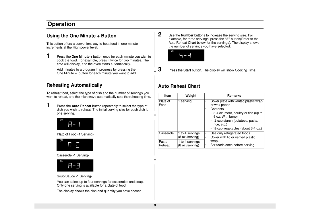 Samsung MG1480STB owner manual Using the One Minute + Button, Reheating Automatically, Auto Reheat Chart 