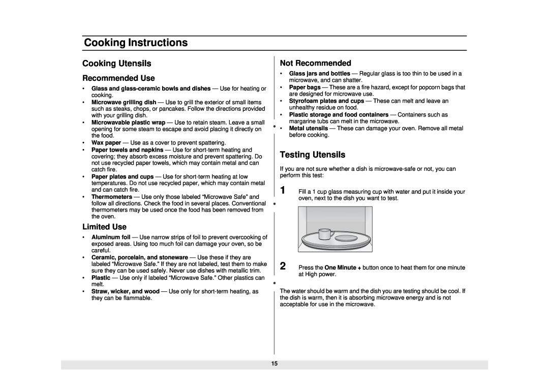 Samsung MG1480STB Cooking Instructions, Cooking Utensils, Testing Utensils, Recommended Use, Limited Use, Not Recommended 