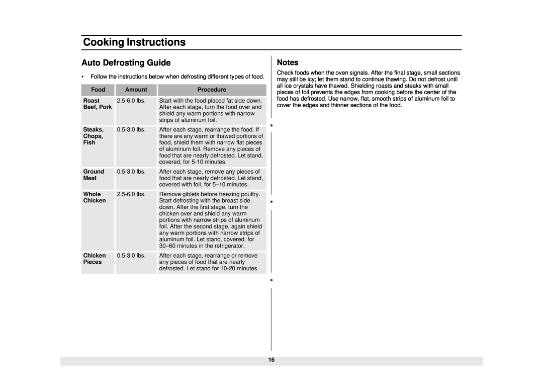 Samsung MG1480STB owner manual Auto Defrosting Guide, Cooking Instructions 