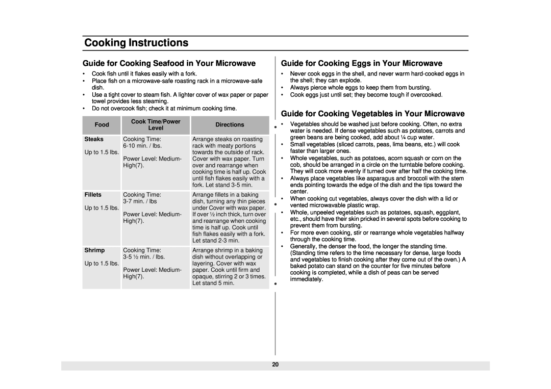 Samsung MG1480STB Guide for Cooking Seafood in Your Microwave, Guide for Cooking Eggs in Your Microwave, Food, Directions 