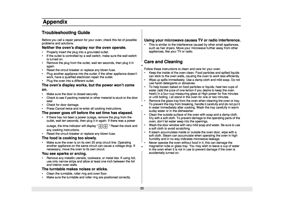 Samsung MG1480STB Appendix, Troubleshooting Guide, Care and Cleaning, Neither the oven’s display nor the oven operate 