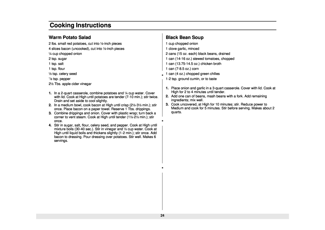 Samsung MG1480STB owner manual Warm Potato Salad, Black Bean Soup, Cooking Instructions 