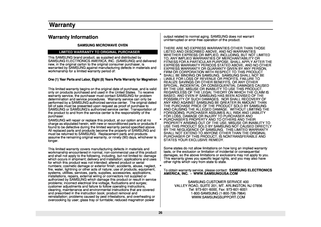 Samsung MG1480STB owner manual Warranty Information, Limited Warranty To Original Purchaser 