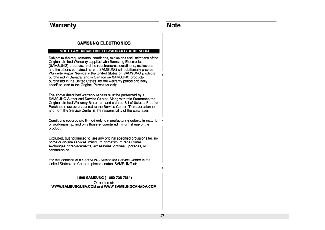 Samsung MG1480STB owner manual Samsung Electronics, North American Limited Warranty Addendum 