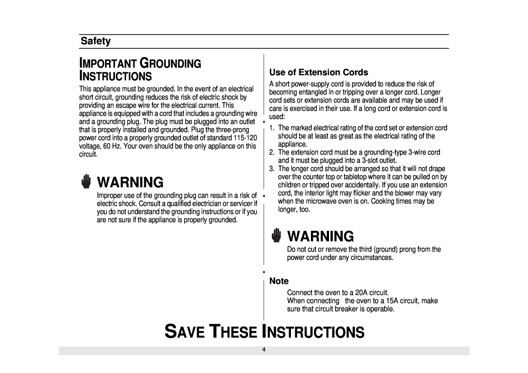 Samsung MG1480STB owner manual Important Grounding Instructions, Use of Extension Cords, Save These Instructions, Safety 