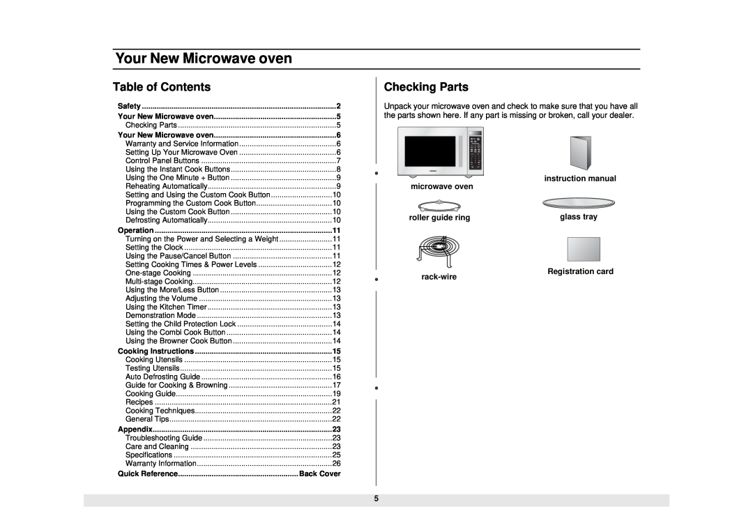 Samsung MG1480STB Your New Microwave oven, Table of Contents, Checking Parts, Safety, Operation, Quick Reference 