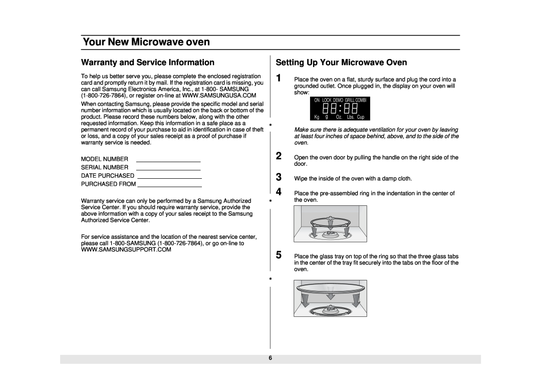 Samsung MG1480STB owner manual Warranty and Service Information, Setting Up Your Microwave Oven, Your New Microwave oven 