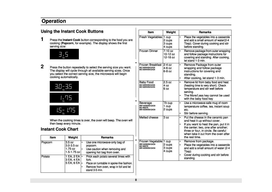 Samsung MG1480STB owner manual Operation, Using the Instant Cook Buttons, Instant Cook Chart 