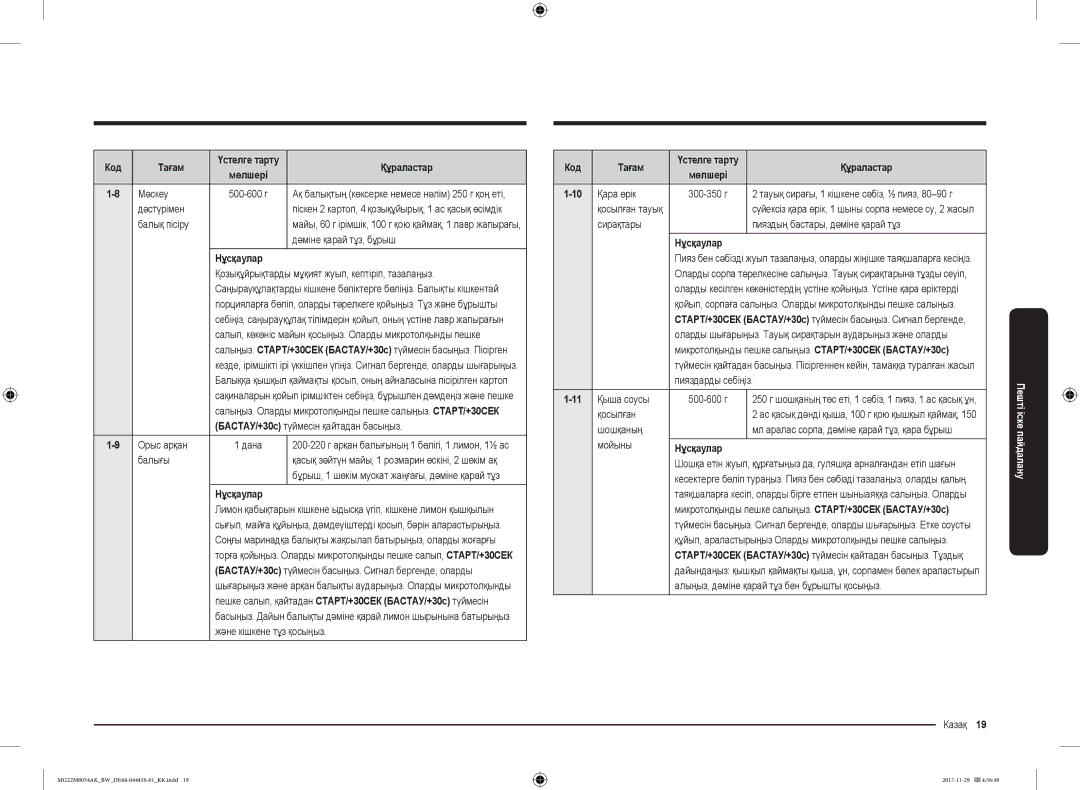 Samsung MG22M8054AW/BW, MG22M8054AK/BW manual Мәскеу, Дәстүрімен, Балық пісіру, Дәміне қарай тұз, бұрыш 