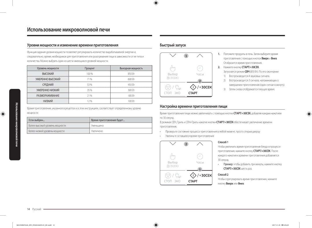 Samsung MG22M8054AK/BW, MG22M8054AW/BW manual Уровни мощности и изменение времени приготовления, Быстрый запуск, Способ 