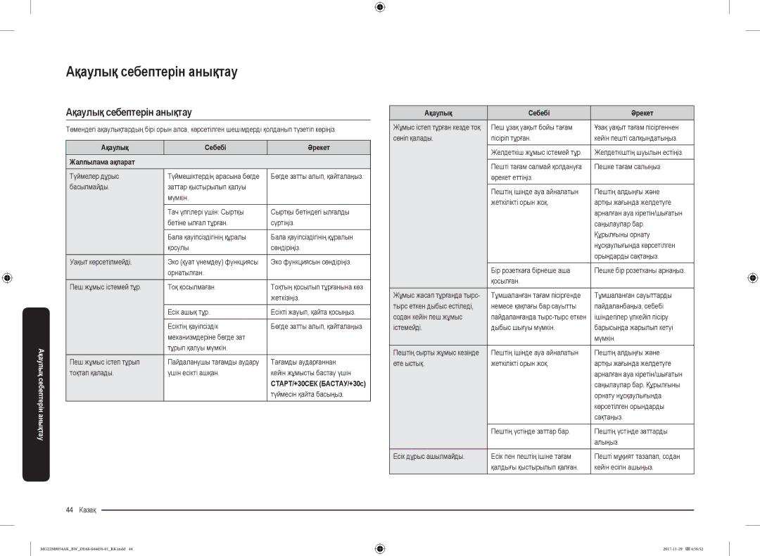 Samsung MG22M8054AK/BW, MG22M8054AW/BW manual Ақаулық себептерін анықтау, Ақаулық Себебі Әрекет Жалпылама ақпарат 