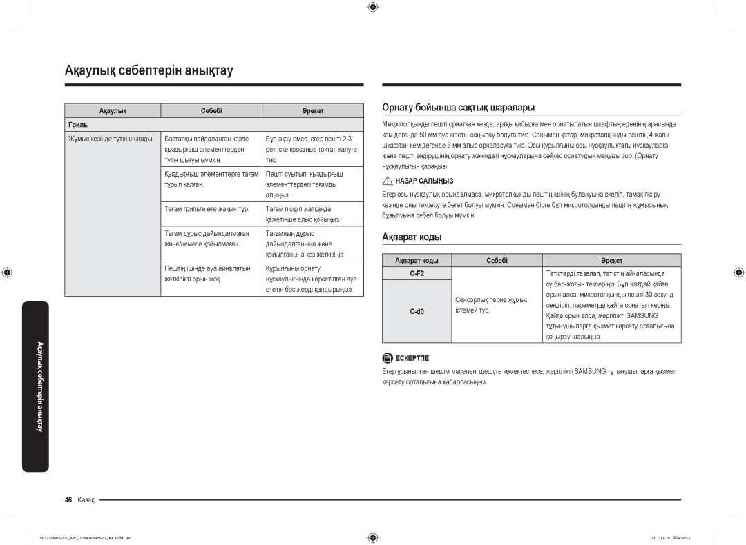 Samsung MG22M8054AK/BW, MG22M8054AW/BW manual Орнату бойынша сақтық шаралары, Ақпарат коды, Ақаулық Себебі Әрекет Гриль 