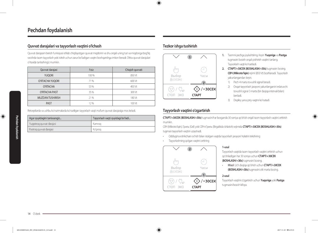 Samsung MG22M8054AK/BW, MG22M8054AW/BW manual Quvvat darajalari va tayyorlash vaqtini olchash, Tezkor ishga tushirish, Usul 